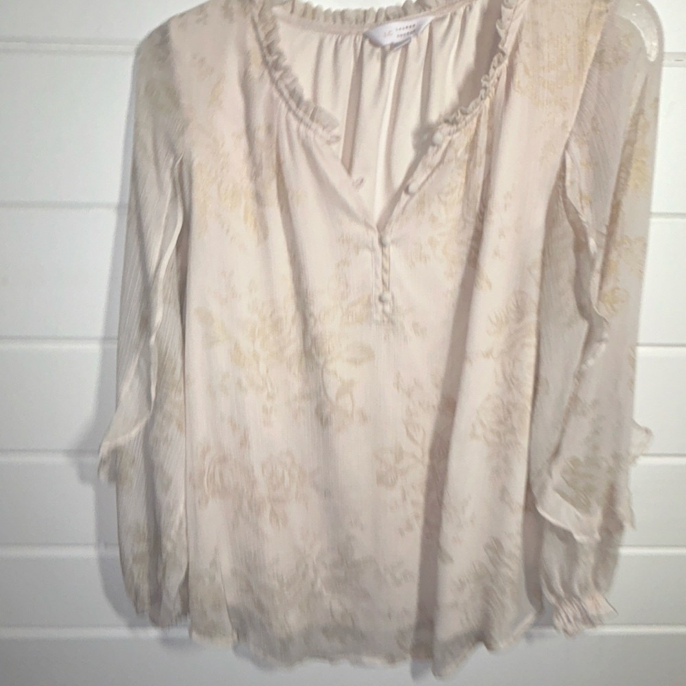 Lauren Conrad Chiffon Beige Gold Floral Sheer Ruffle Long Sleeve Blouse Women M